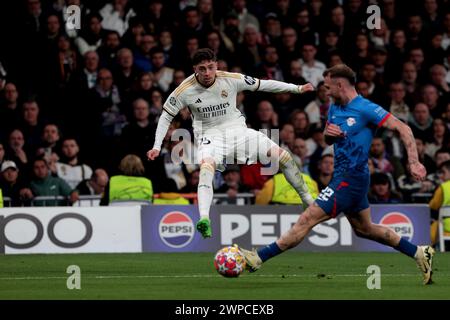 Madrid, Spanien. 06th Mar, 2024. Madrid Spain; 06.03.2024.- Real Madrid player Federico Valverde. Real Madrid draws with Leipzig but on aggregate they win 2-1 and advance to the next round of the Champion League Goal scored for Real Madrid by Vinicius Jr. 65`. Goal scored by Leipzig Willi Orban 68'. Credit: Juan Carlos Rojas/dpa/Alamy Live News Stock Photo